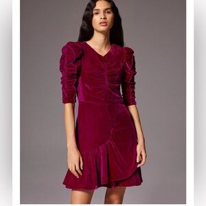 REBECCA TAYLOR Ruched Cranberry pink velvet sheath Victorian flounce size 6